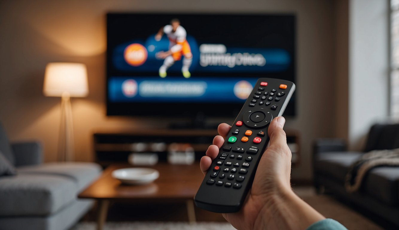 A person uses a remote to access sports channels on a TV with a Firestick, displaying specialized services for maximizing sports viewing