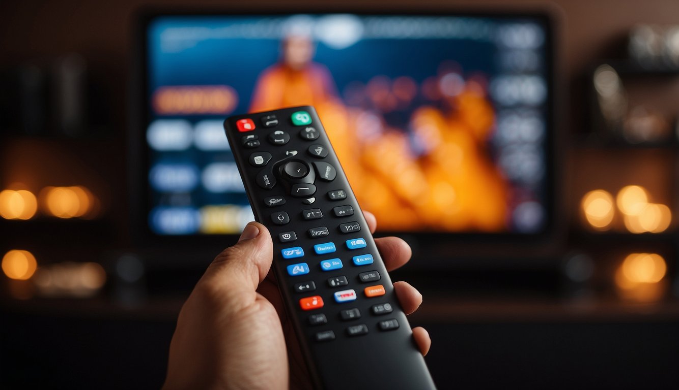 A person setting up a firestick with sports streaming channels displayed on the TV, while a legal disclaimer is visible in the background