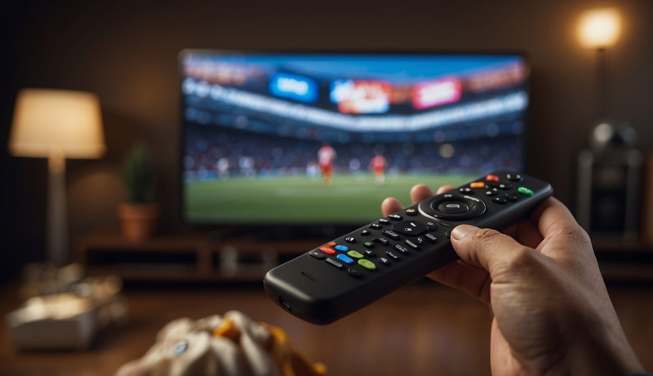 A hand holding a firestick remote, with a sports game streaming on the TV in the background. An excited fan is cheering and surrounded by sports memorabilia