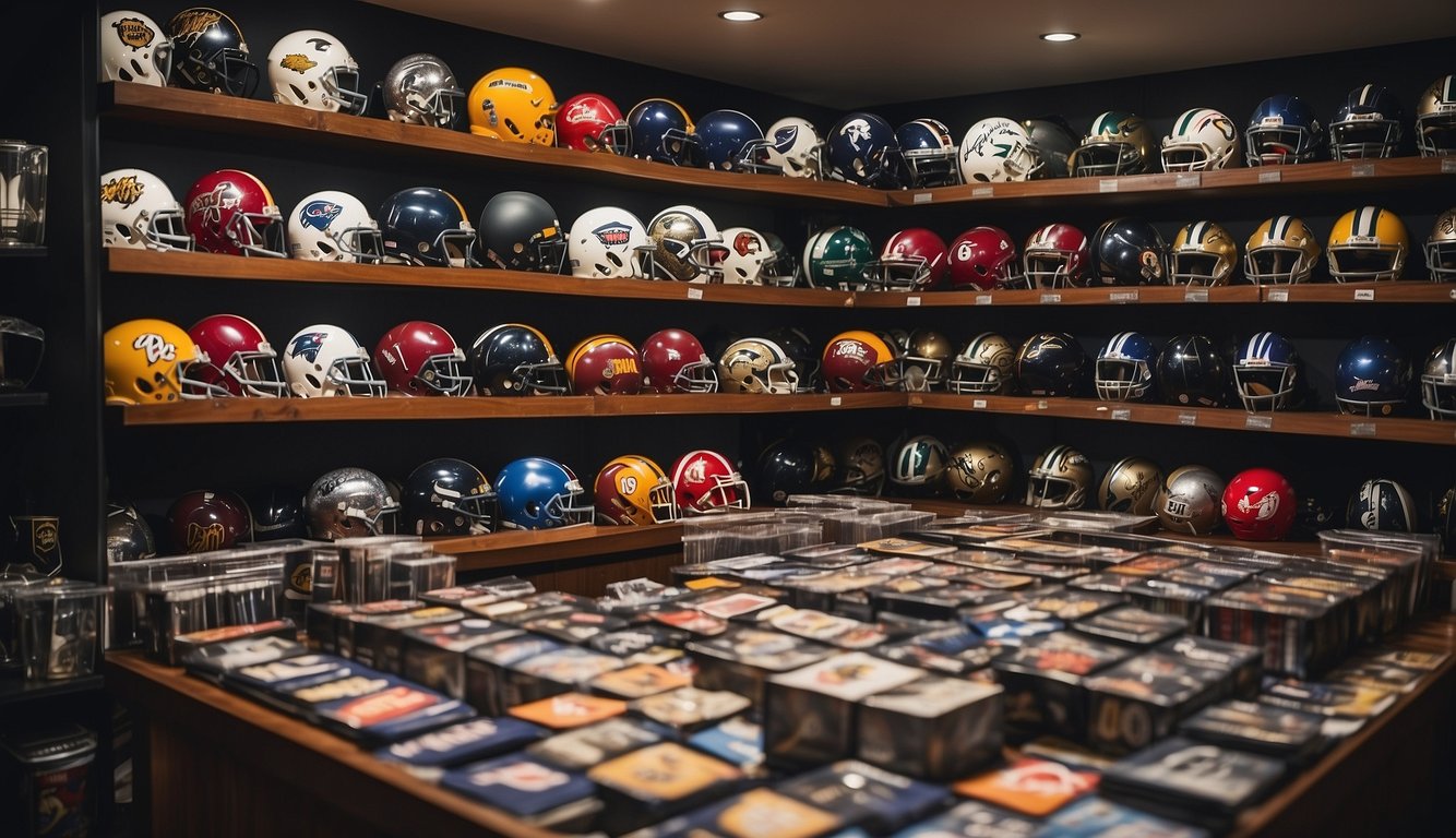 A vibrant display of sports cards and memorabilia fills the shelves, with jerseys, helmets, and autographed items creating a dynamic and exciting atmosphere