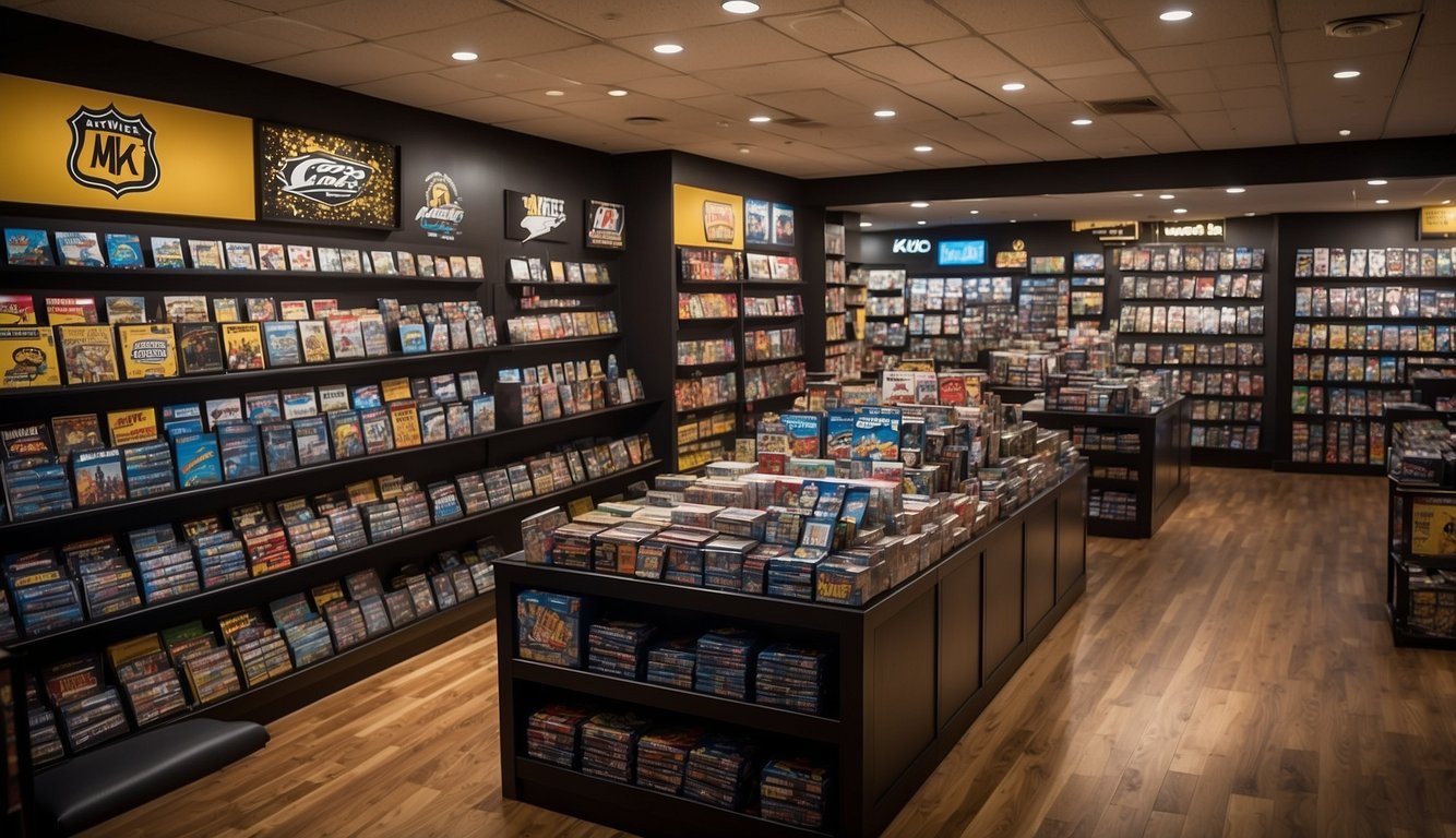 The store is bustling with customers browsing sports cards and memorabilia. Shelves are filled with colorful card displays and framed jerseys adorn the walls