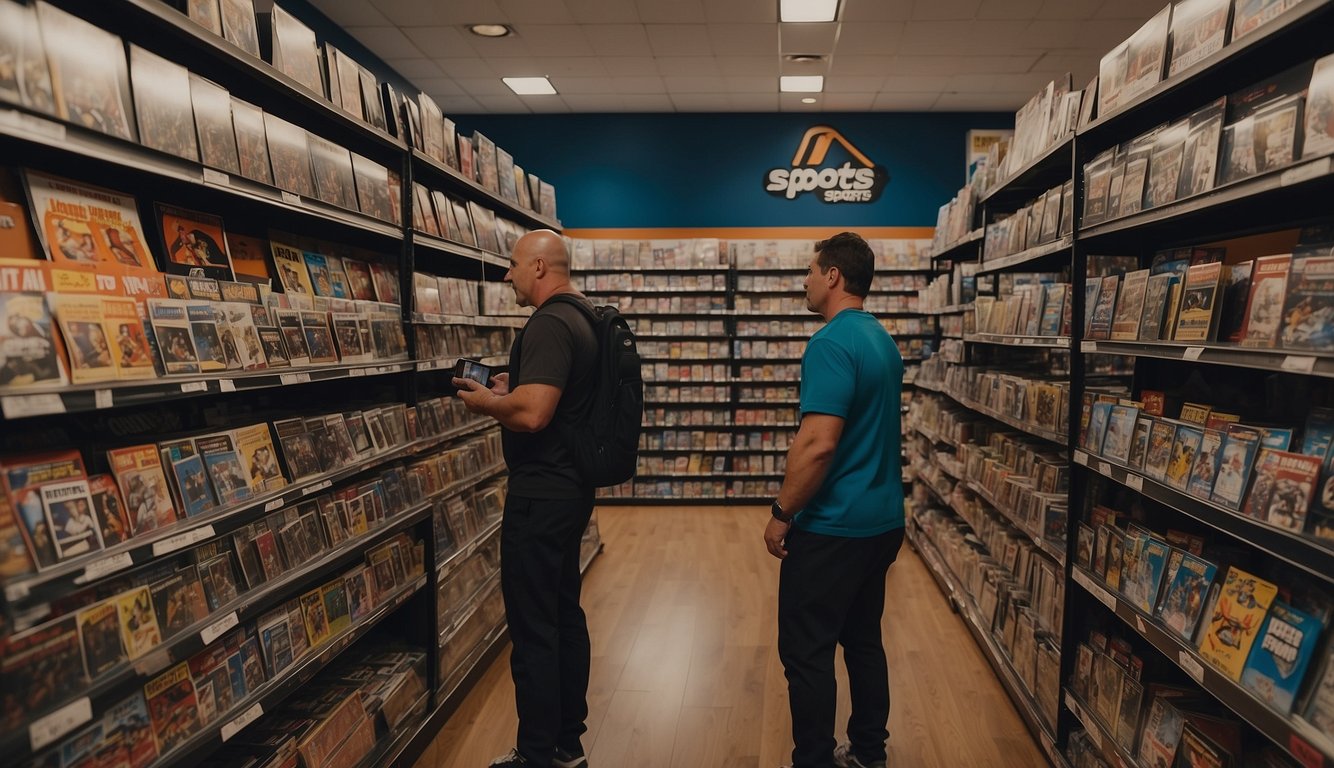 Customers browsing through shelves of sports cards and memorabilia at Ultimate Sports Cards store