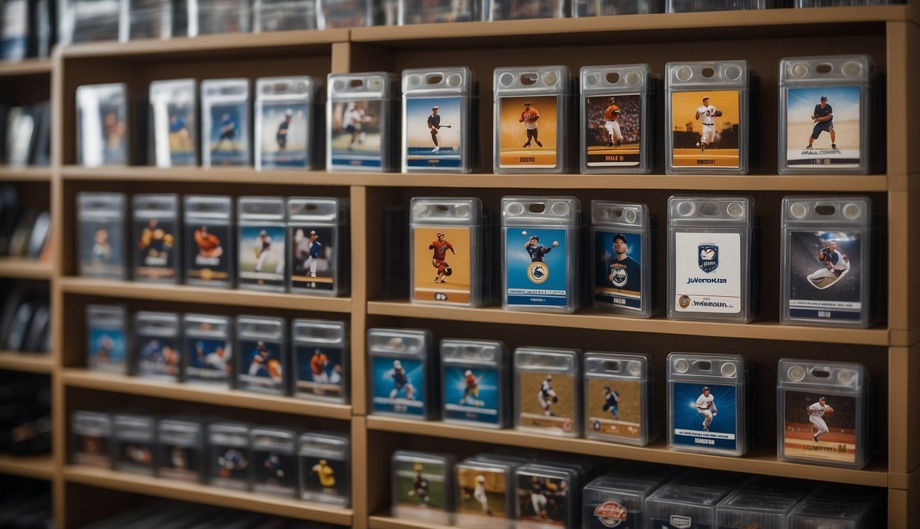 Sports cards neatly organized in plastic sleeves inside a sturdy binder, with dividers for different categories, placed on a shelf in a dust-free, temperature-controlled room