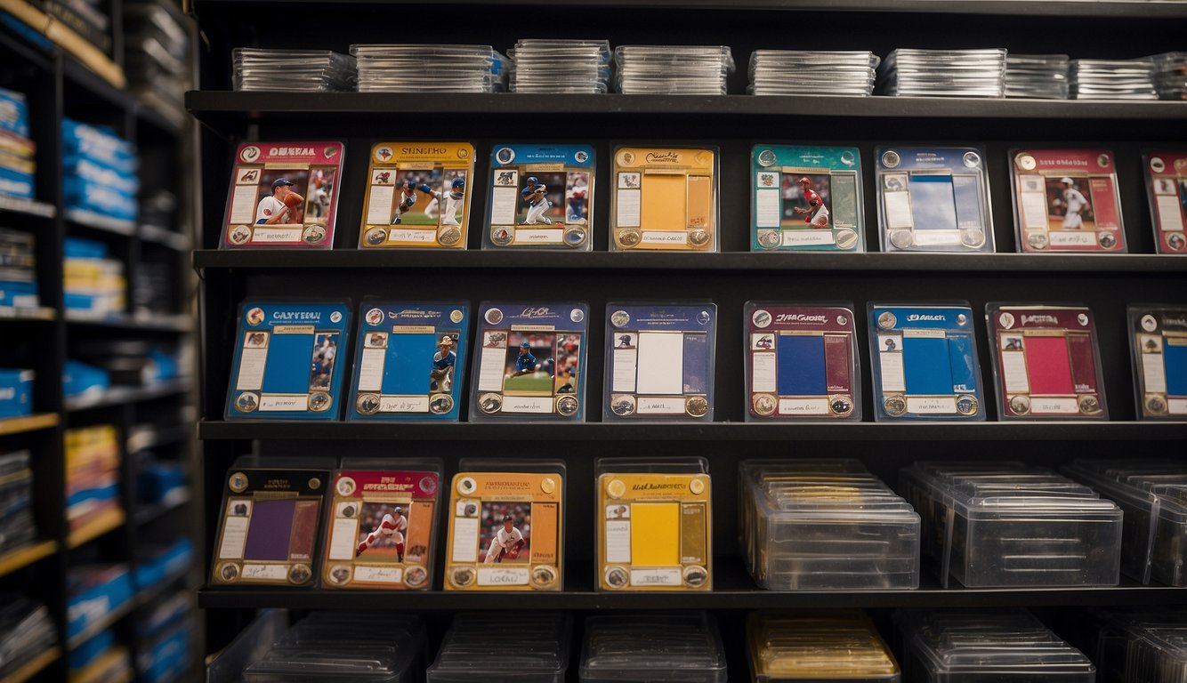 Sports cards neatly organized in protective sleeves inside a sturdy, labeled binder. A shelf with plastic card boxes, each labeled by sport and year