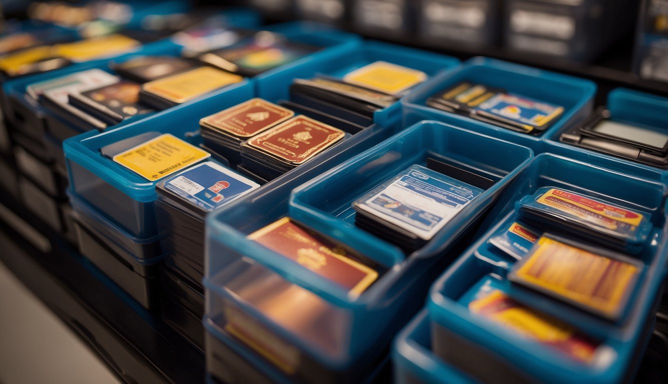 Sports cards neatly organized in acid-free plastic sleeves, stored in a climate-controlled, light-free environment. Airtight containers labeled with card details