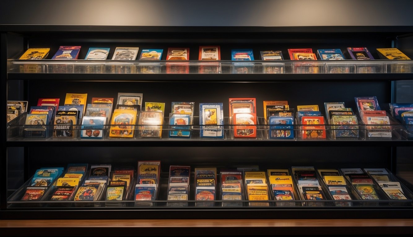 A well-lit display case showcases autographed sports cards, organized in protective sleeves and stored in acid-free boxes