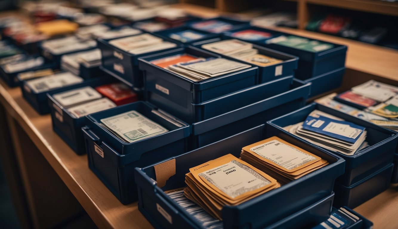 Sports cards neatly organized in labeled storage boxes, with a cataloging system nearby. Insurance policy papers visible in the background