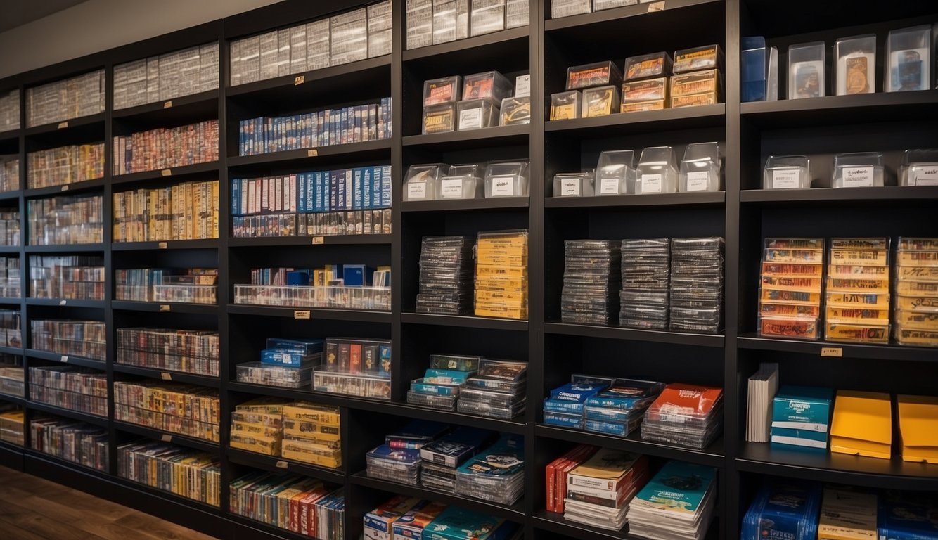 Sports cards neatly organized in labeled binders, protective sleeves, and storage boxes. Display shelves showcase prized collections