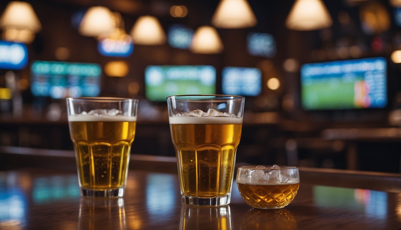 People in a sports bar, looking at a TV screen with sports betting odds displayed. Glasses and bottles on the tables