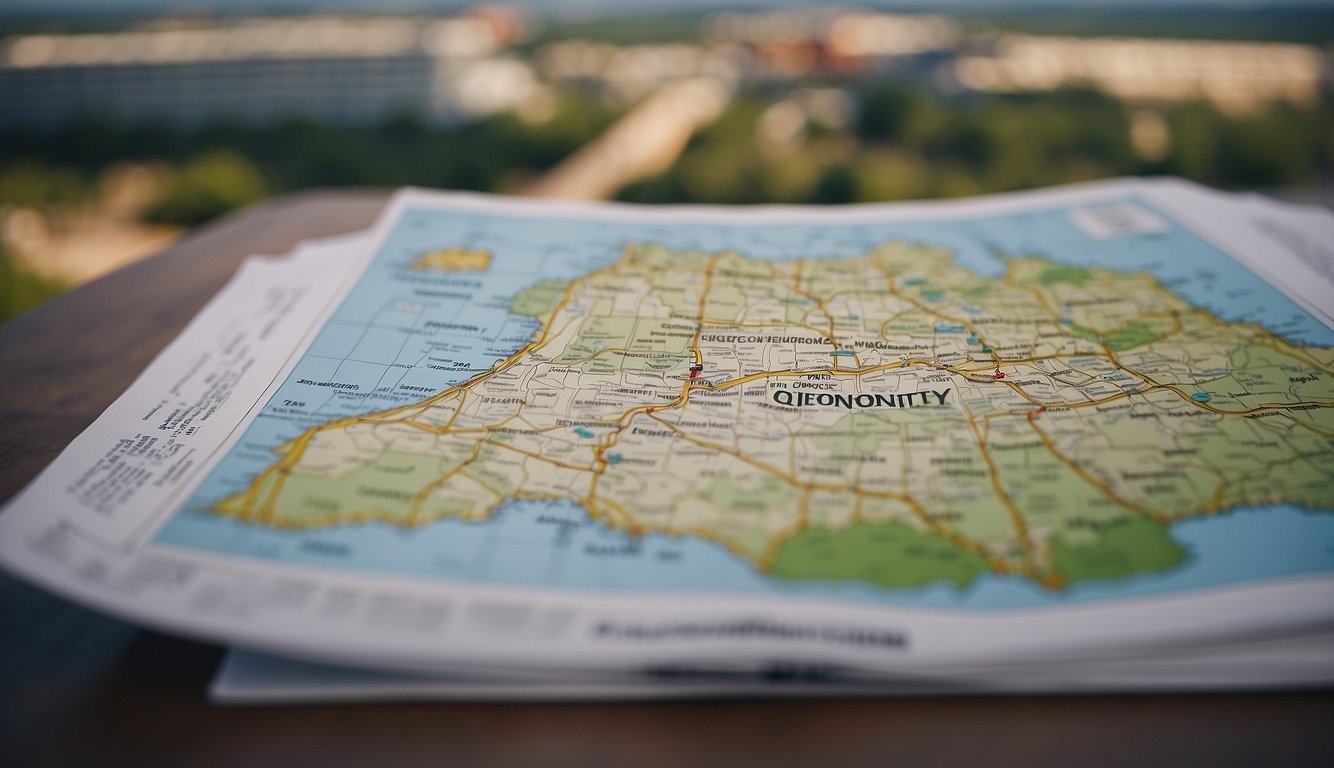 A map of Georgia with a sports stadium in the background, surrounded by legal documents and a question mark symbolizing uncertainty