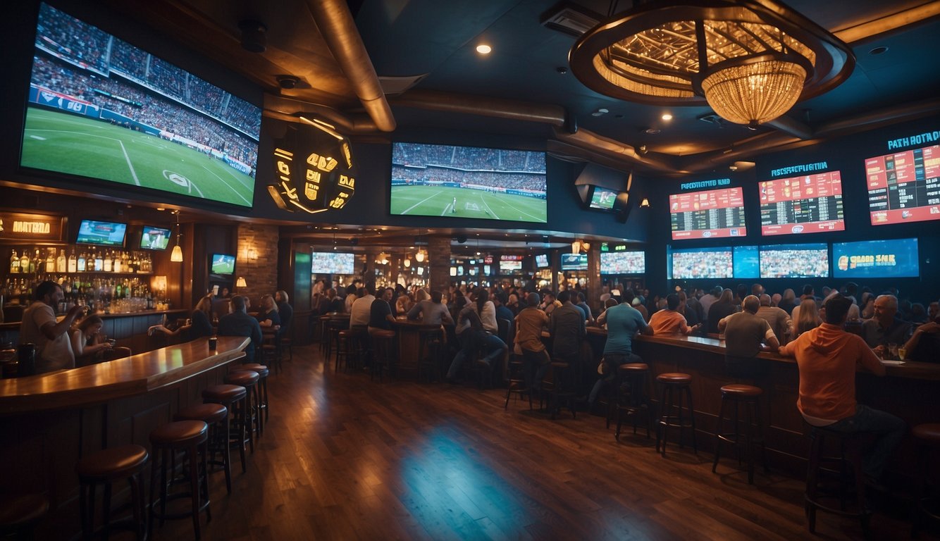 A crowded sports bar with people cheering at multiple TV screens displaying various sports events. A large sign above the bar reads "Prospective Betting Platforms - Can you sports bet in Georgia?"