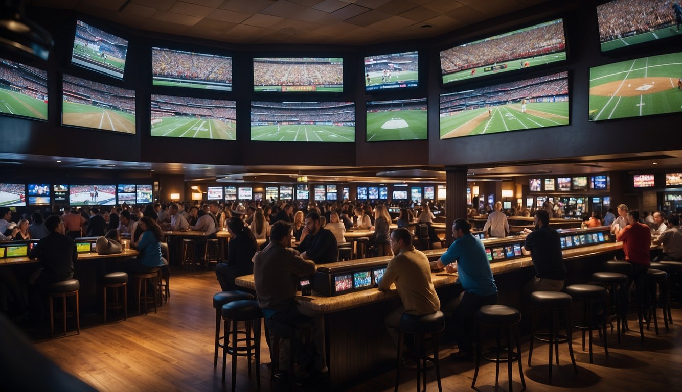 A crowded sports bar with multiple TV screens displaying various sports events, while people eagerly place bets at the bustling sportsbook counter