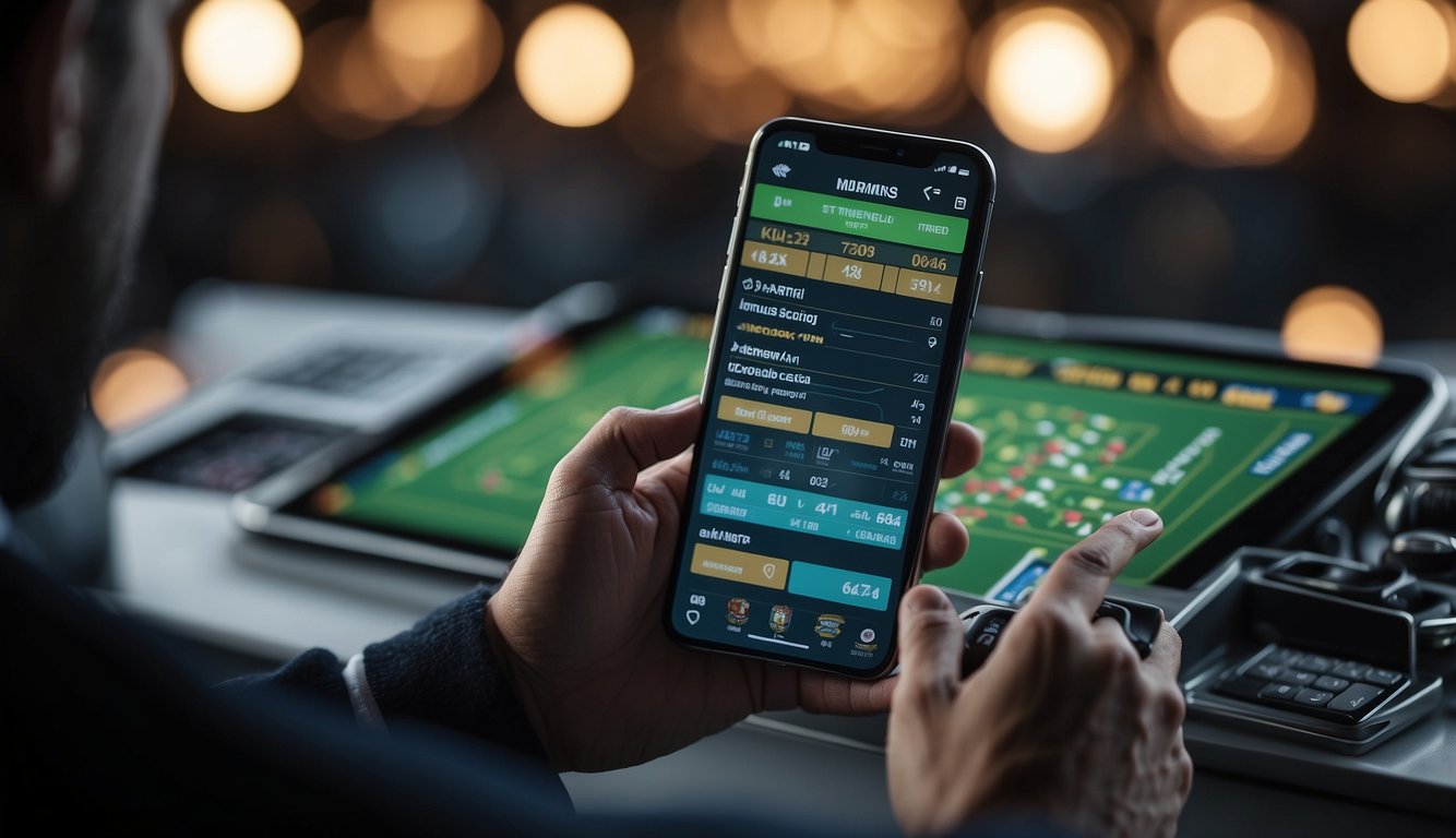 A person using a smartphone to access a sports betting app with various payment and withdrawal methods displayed on the screen