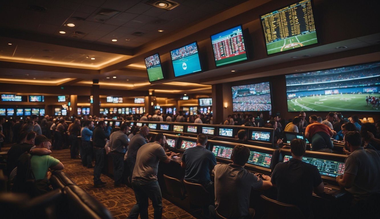 A bustling sportsbook in Georgia, with patrons placing bets and cheering for their teams. The atmosphere is lively and the economic impact is evident