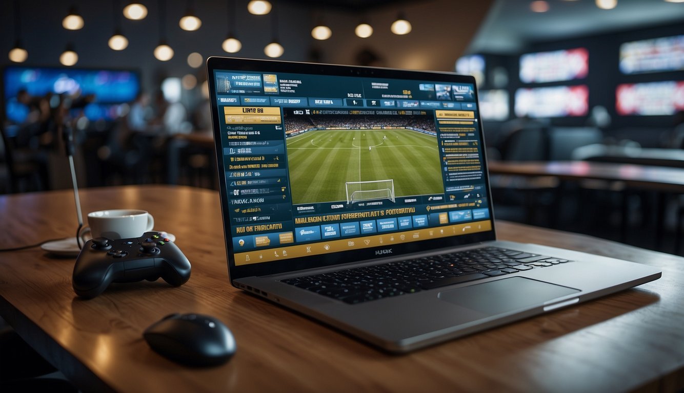 An open laptop with a sports betting website on the screen, surrounded by responsible gaming and player safety information posters