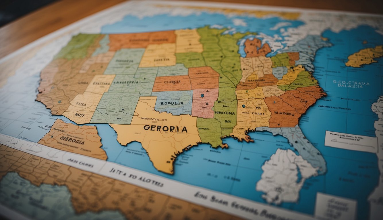 A map of Georgia surrounded by states with sports betting, highlighting the lack of betting options in Georgia