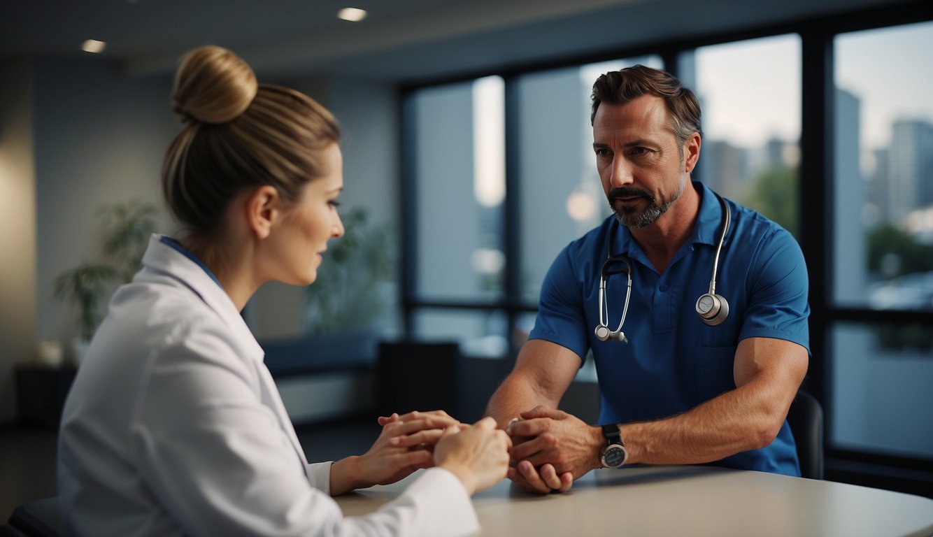 A sports medicine doctor consults with a physical therapist, discussing treatment plans and exercises for a patient's injury