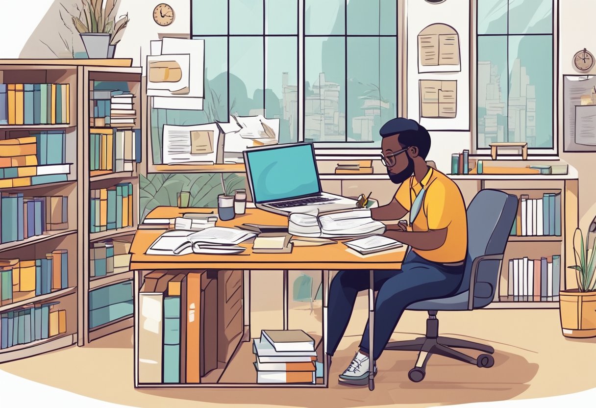 A parent sitting at a desk with a laptop, surrounded by books and papers. A child's drawing of a business idea hangs on the wall
