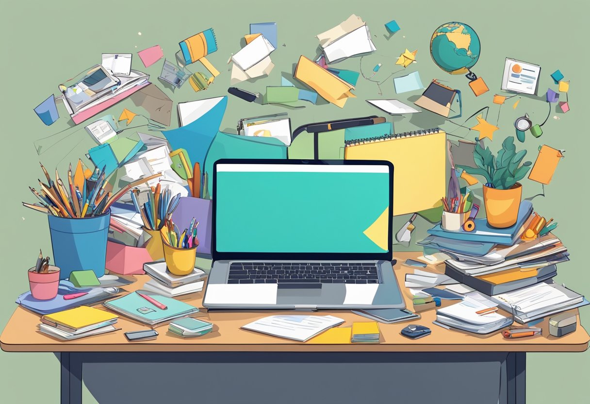 A cluttered desk with a laptop, notepads, and scattered toys. A parent entrepreneur multitasks while juggling family and business responsibilities