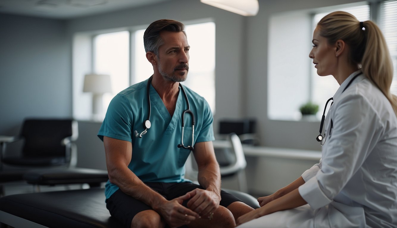 A sports medicine doctor consults with a physical therapist, discussing treatment plans and exercises for a patient's injury