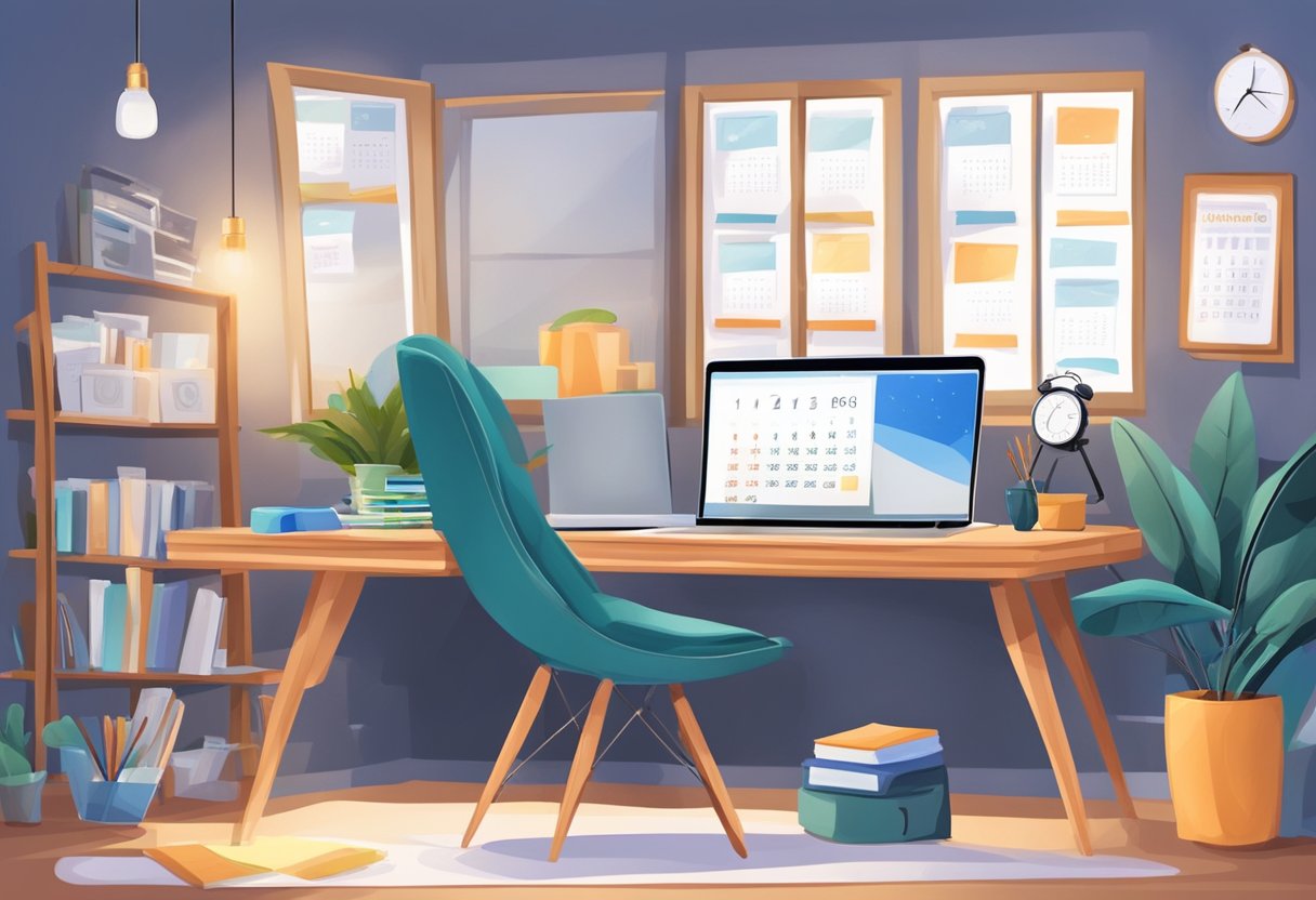 A desk with a laptop, notebook, and pen. A calendar with family events. A vision board with business goals. A cozy chair for late-night planning