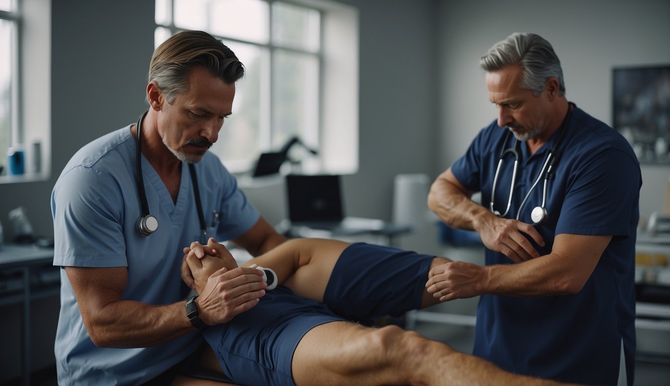 A sports medicine doctor examines an athlete's injury while a physical therapist designs a rehabilitation program