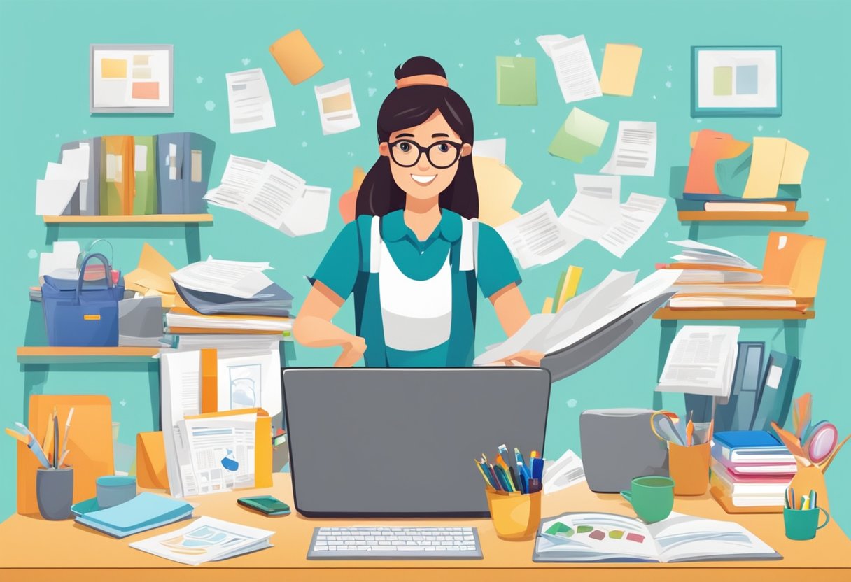 A parent works at a desk with a laptop and family photos while juggling childcare items and business documents