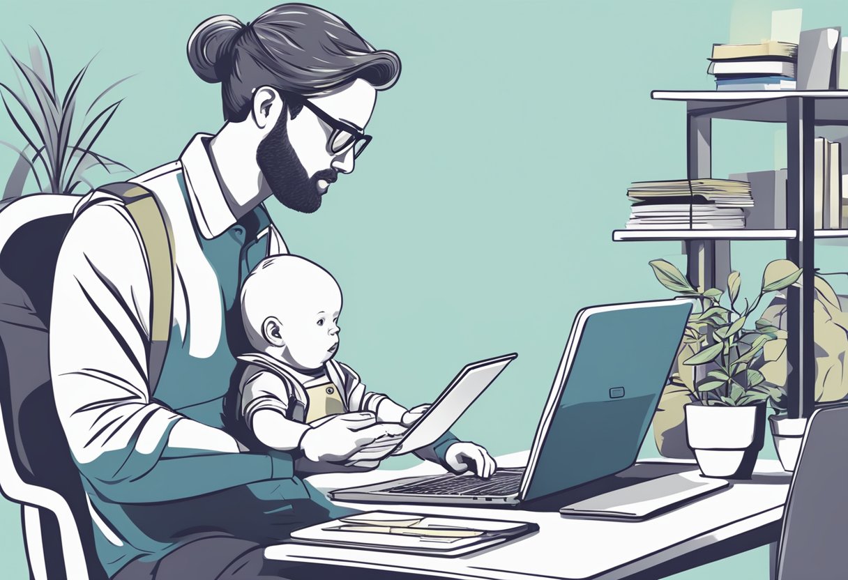 A parent multitasking, with a baby in a carrier, typing on a laptop while managing business documents and growth strategies