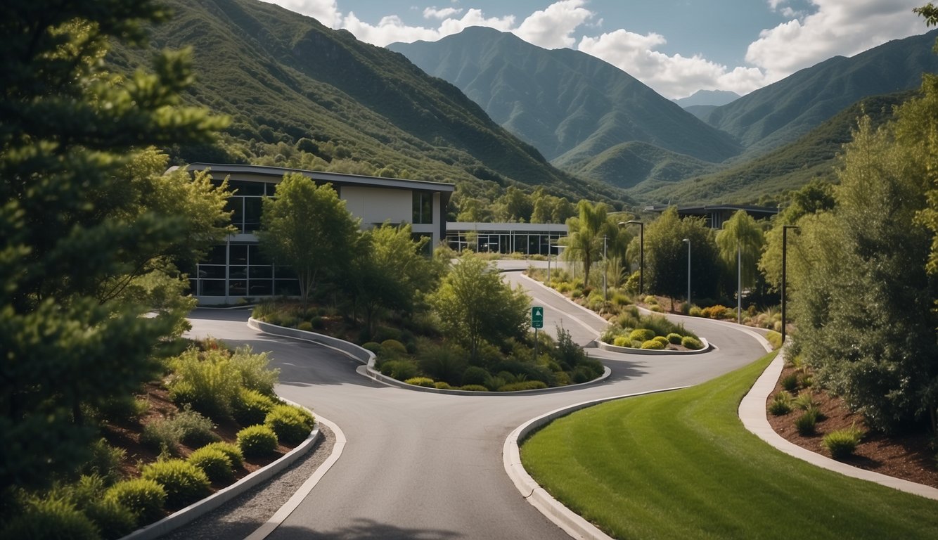 A winding road leading to a modern sports medicine facility next to a physical therapy clinic, surrounded by lush greenery and mountains in the background