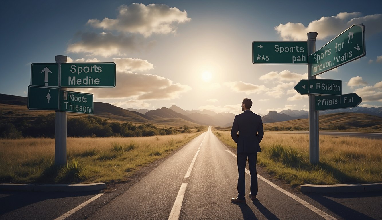 A person stands at a crossroads, with a signpost pointing to "Sports Medicine" and "Physical Therapy." They are contemplating which path to take, representing the decision of choosing the right professional for their needs