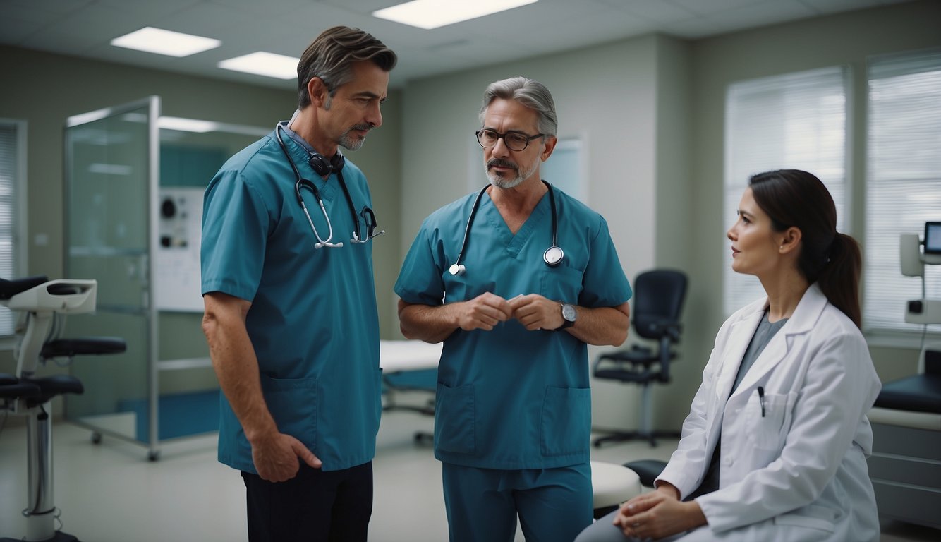 A doctor and physical therapist discuss treatment options in a modern clinic with medical equipment and exercise tools