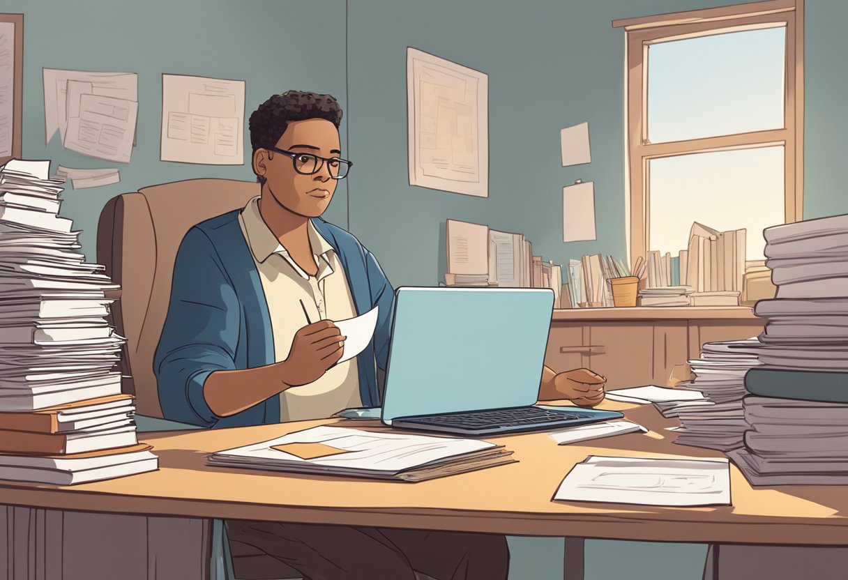 A parent sits at a desk, surrounded by legal documents and a laptop. A child's drawing hangs on the wall. The parent looks determined and focused
