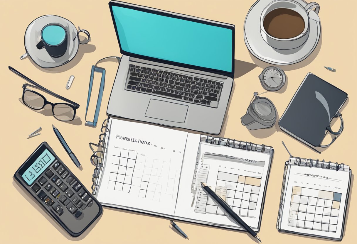 A cluttered desk with a laptop, notebook, and pen. A calendar on the wall shows deadlines and appointments. A phone and coffee mug sit nearby
