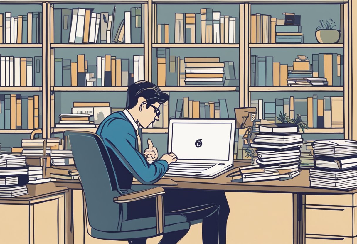 A parent sits at a desk, surrounded by business books and a laptop. A child's drawing of a business logo hangs on the wall. The parent looks determined and focused on building a successful future