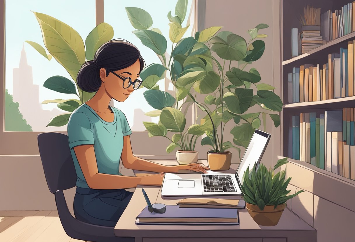 A parent sits at a desk surrounded by books and a laptop, with a look of determination and focus. A plant sits on the windowsill, symbolizing growth and well-being