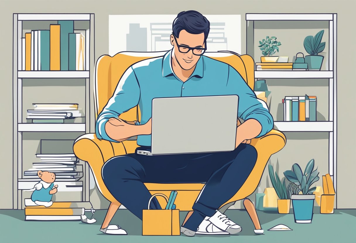 A parent juggles a laptop and a baby while managing a business