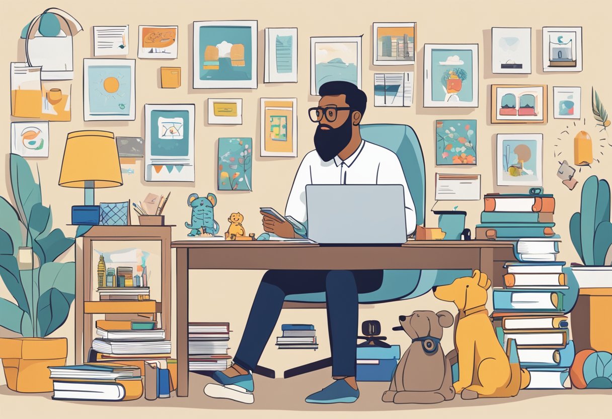 A parent sits at a desk, surrounded by toys and family photos. A laptop and business books are open, as they research different business models