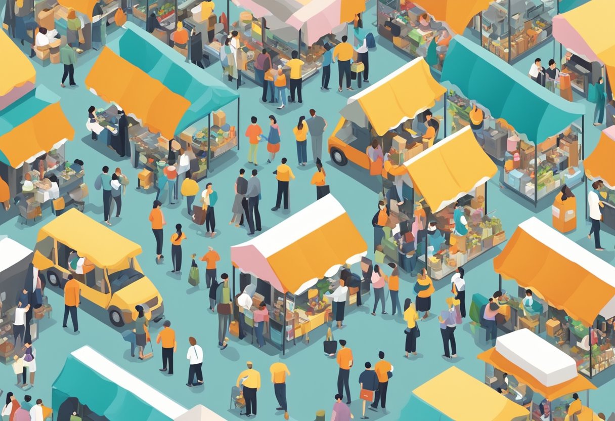 A crowded marketplace with various businesses vying for attention, each trying to position themselves as the ultimate solution for parents starting a business