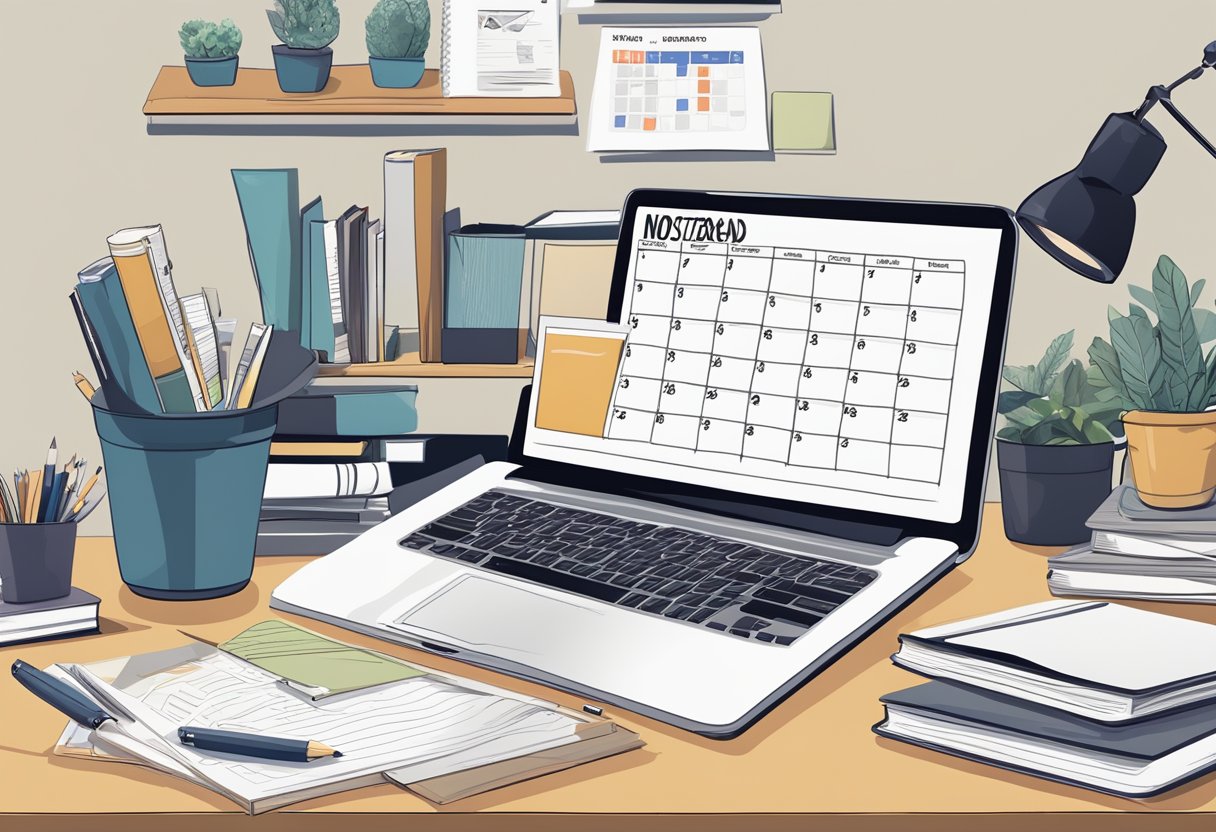 A cluttered desk with a laptop, notepads, and a stack of business books. A calendar with important dates and a vision board on the wall