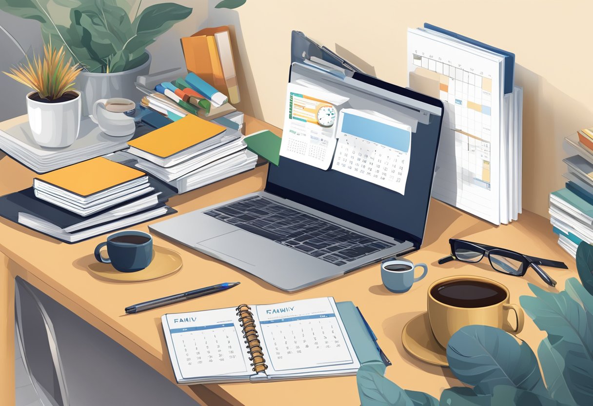 A desk cluttered with a laptop, notebook, and pen. A stack of business books and a mug of coffee. A calendar with family events circled