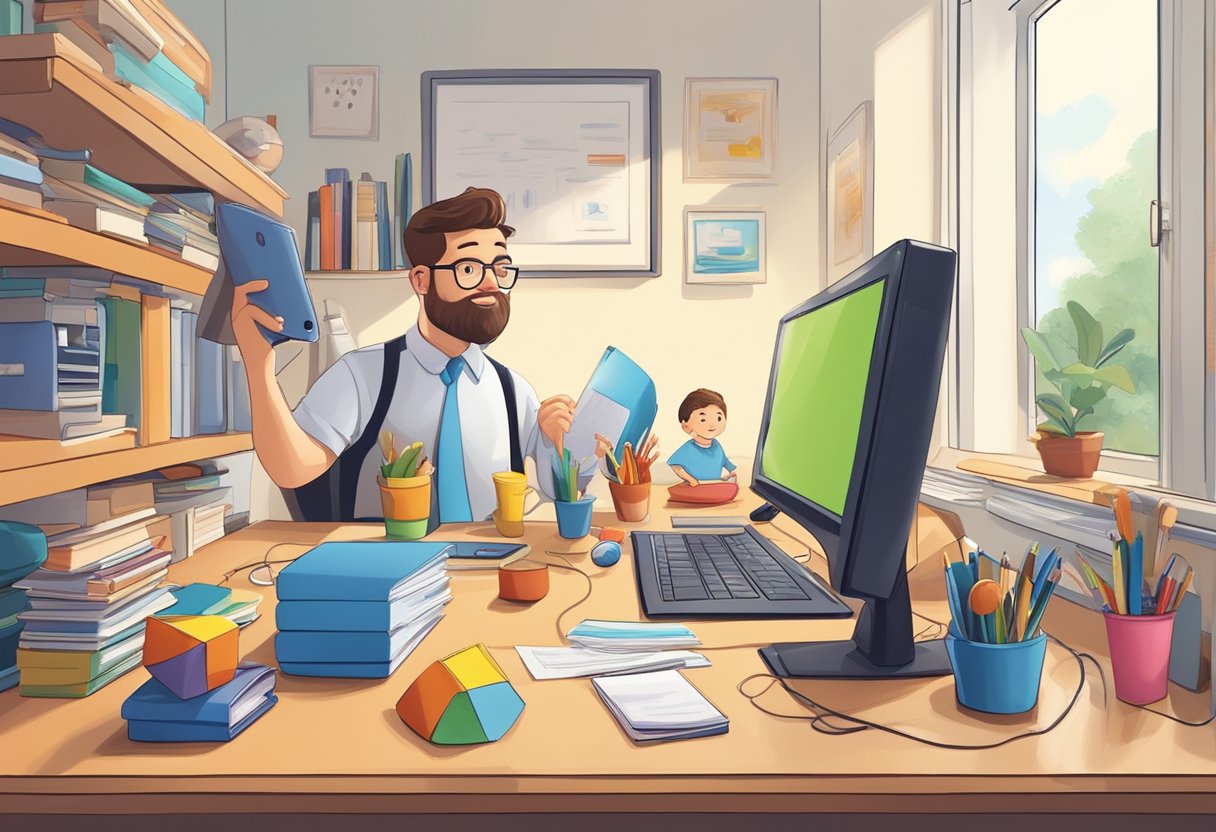 A parent business owner seamlessly juggles work and family life at home office. Computer, phone, and child's toys coexist on the desk