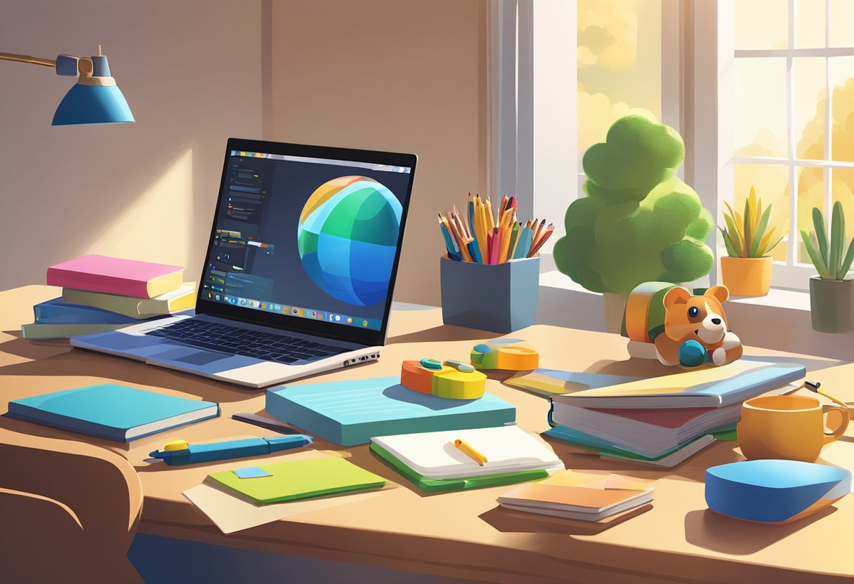 A laptop, notebook, and children's toys sit on a desk in a sunlit room, symbolizing the blending of work and family life for parent business owners