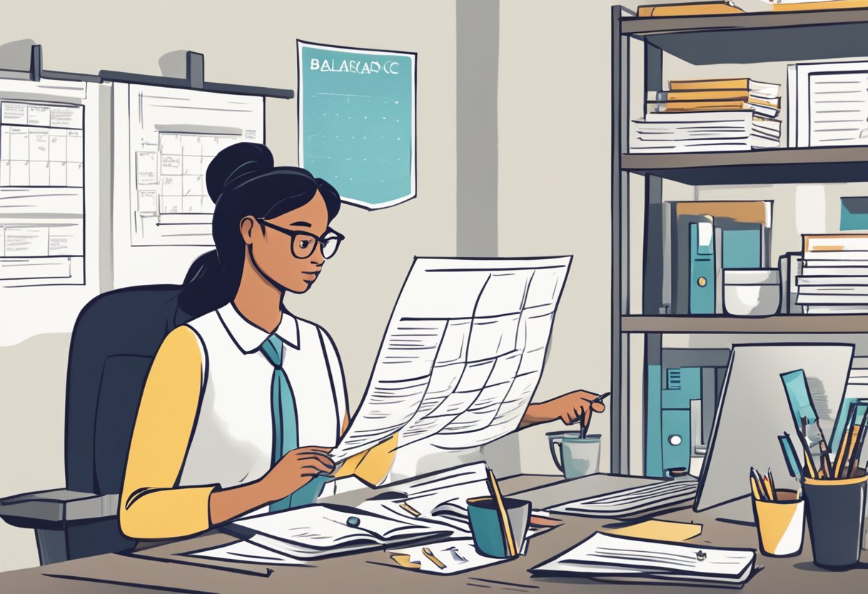 A parent business owner sits at a desk, juggling work and family responsibilities. A calendar and to-do list are visible, representing the need for balance and organization