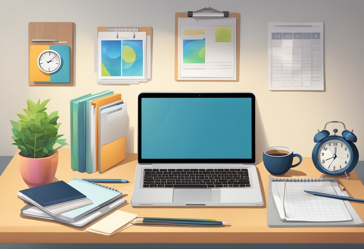 A desk with a laptop, smartphone, and notebook, surrounded by a calendar, clock, and family photos. A seamless blend of work and personal life