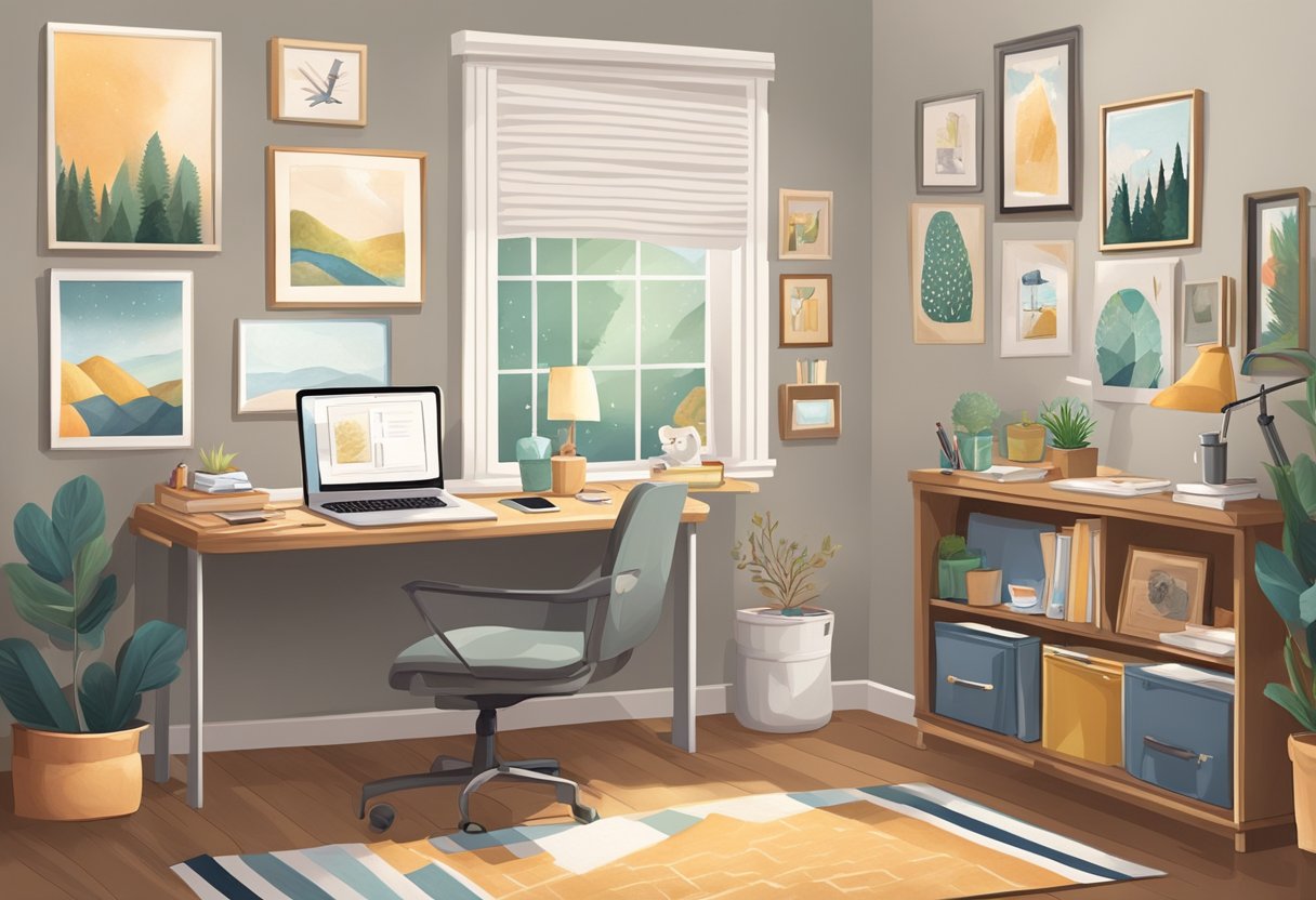 A cozy home office with a desk surrounded by family photos, a laptop, and a calendar. A child's drawing hangs on the wall, and a comfortable chair invites relaxation