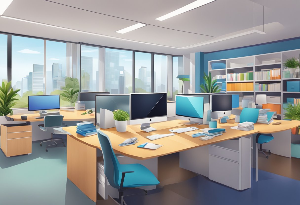 A vibrant office space with a balance of work and personal elements, representing a supportive and flexible environment for parent business owners