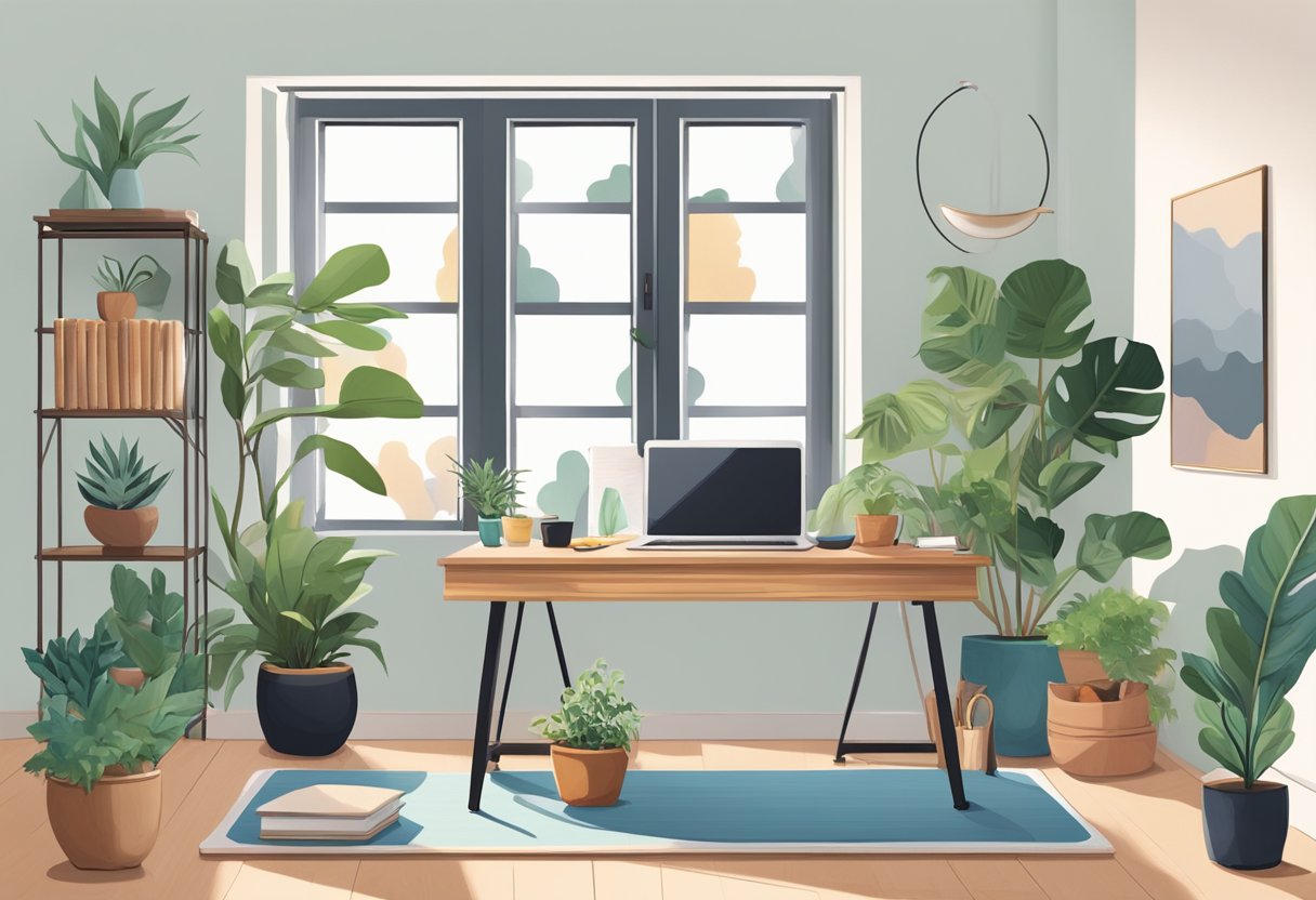 A home office with natural light, plants, and a standing desk. A laptop, notebook, and healthy snacks on the desk. A yoga mat and meditation cushion in the corner