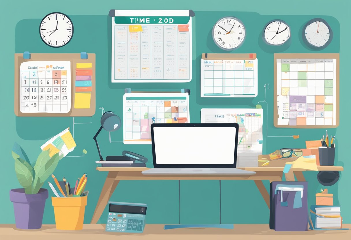 A cluttered desk with a calendar, to-do list, and laptop. A clock on the wall shows different time zones. A child's drawing and a business logo are pinned to the bulletin board