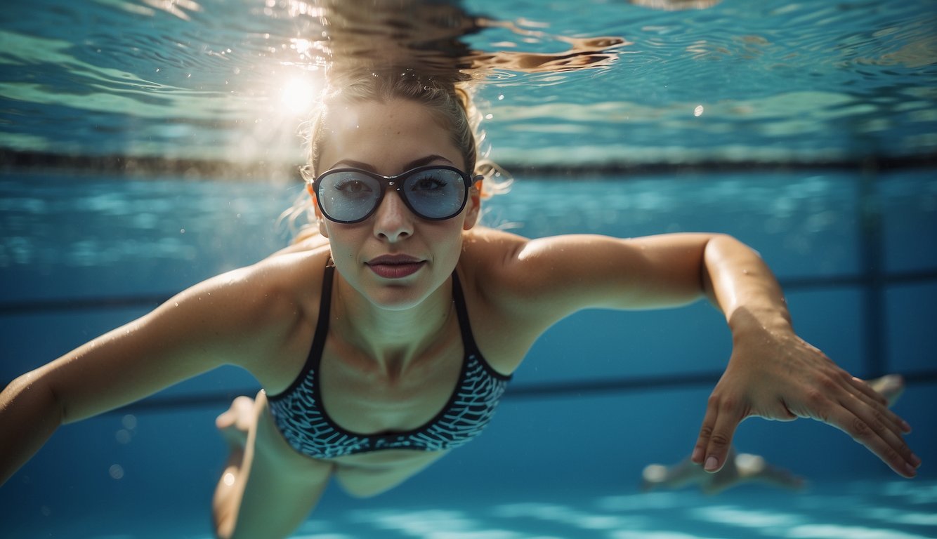 A woman in a sports bra swims confidently in a clear, calm pool