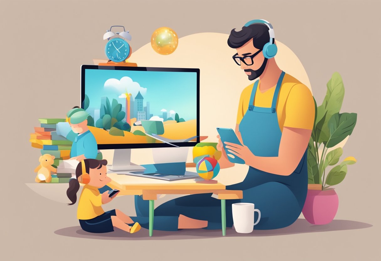 A parent business owner multitasks between work and family, balancing a laptop and a child's toy while managing a phone call